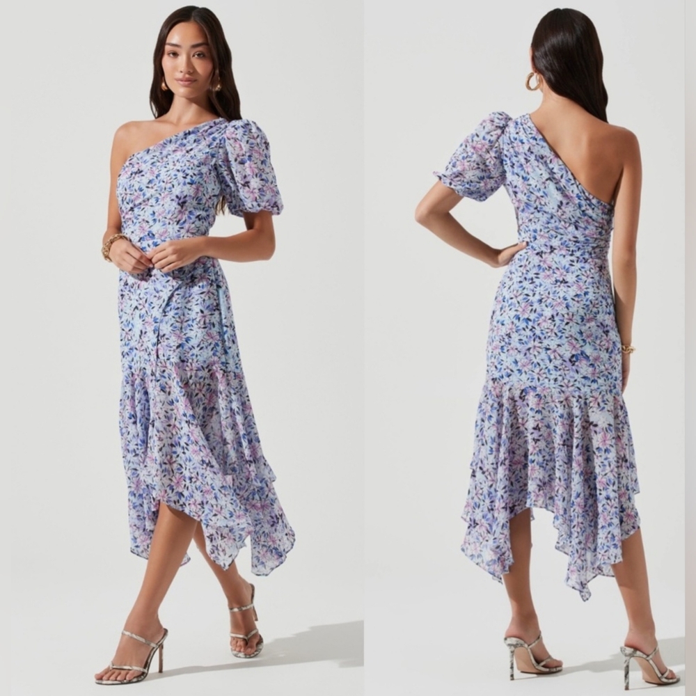 Astr Sheer Floral One Shoulder Ruffle Wrap Zip Midi Dress
